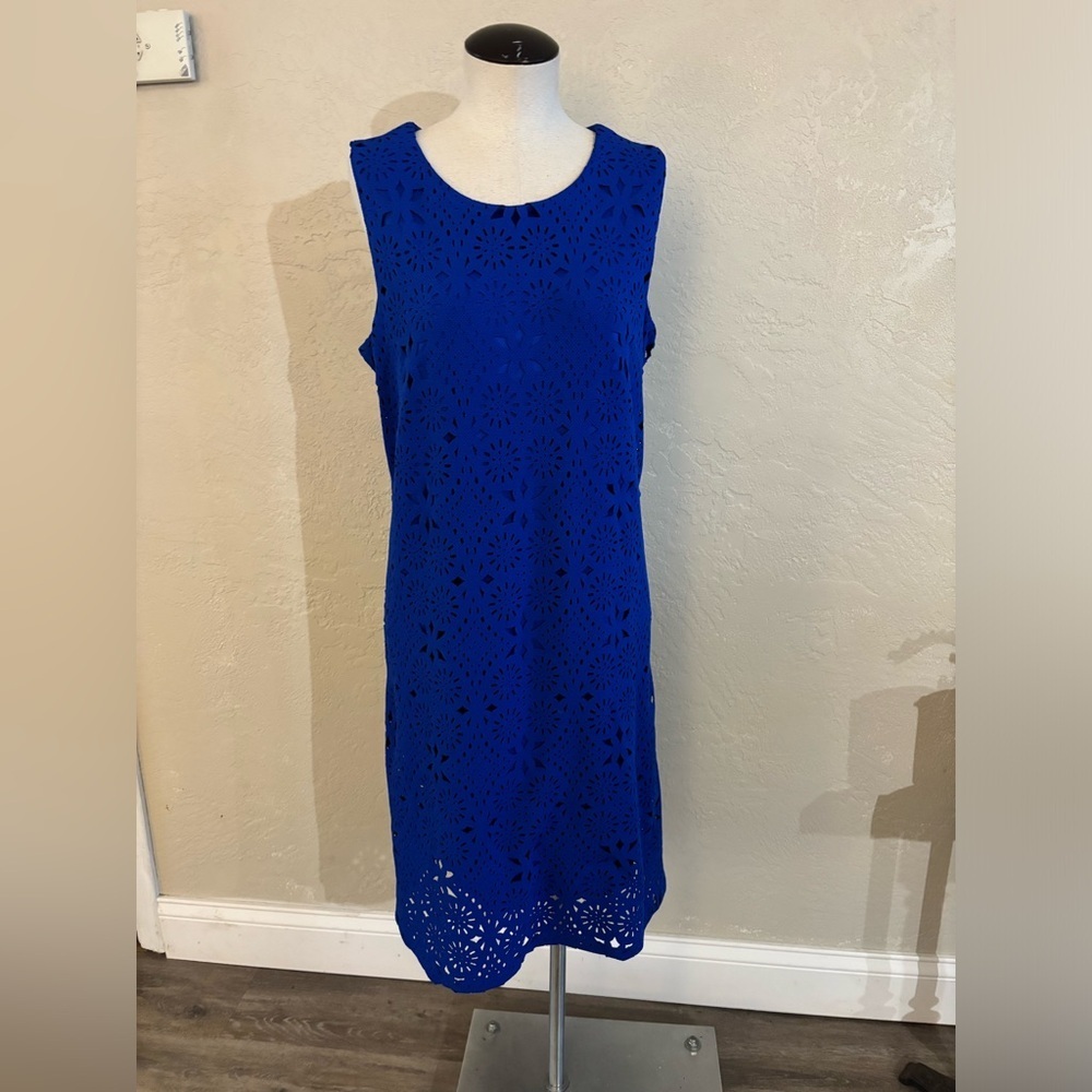 Worthington Colbalt Blue Sleeveless Cutout Print Dress Sz L